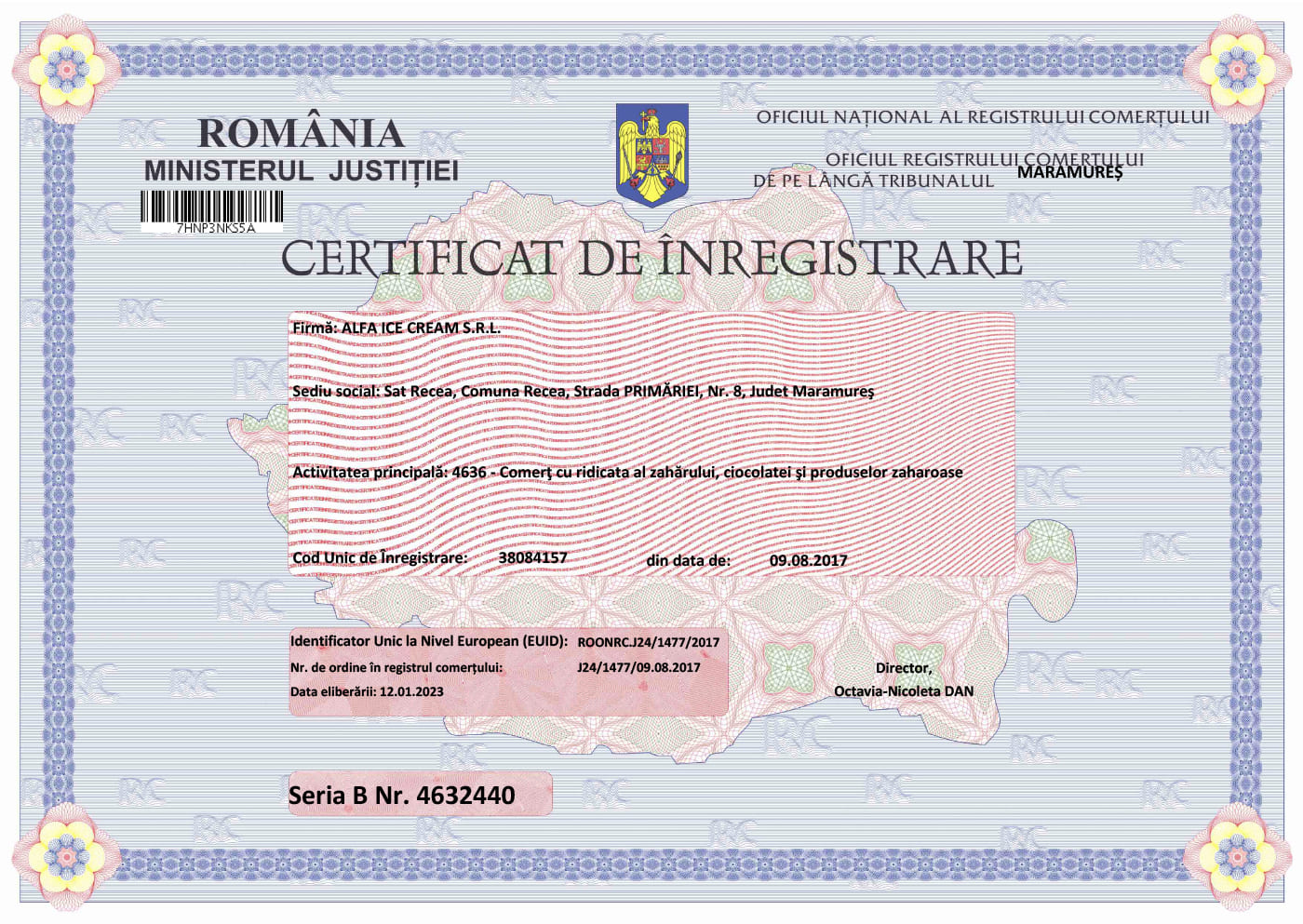 Certificate Alfa Ice Cream